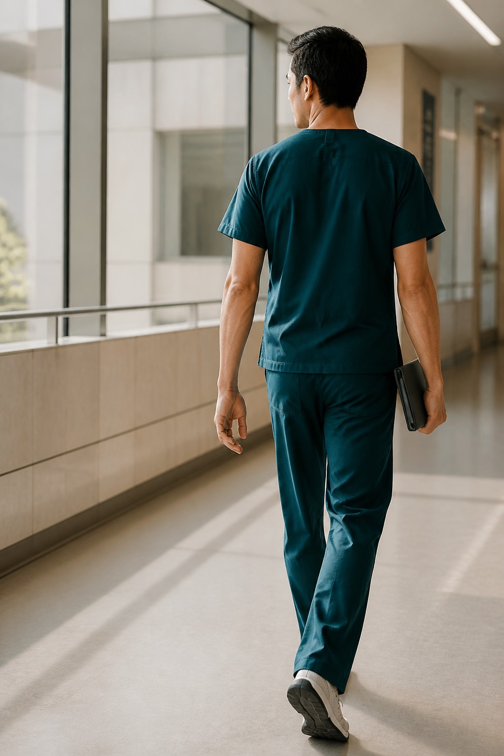 Art-directed view from behind of a clinician walking through a quiet hospital corridor